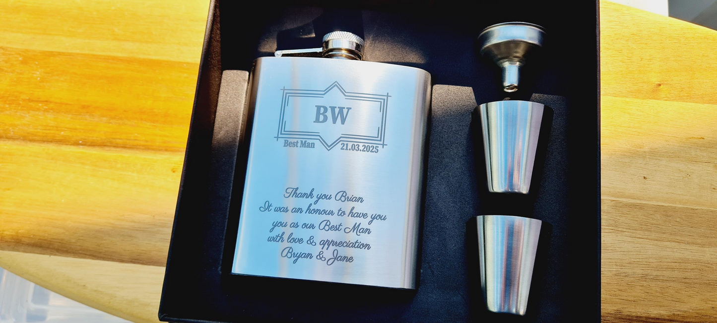 Engraved Hipflask | Personalised 7oz Hip Flask Set | Custom Wedding Gift Idea V2