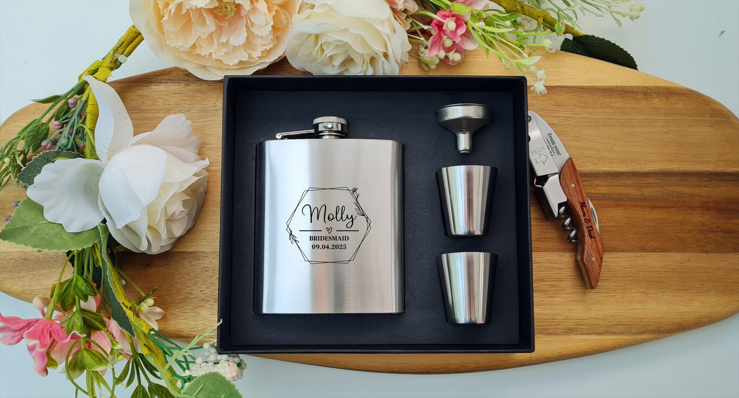 Engraved Hipflask | Personalised 7oz Hip Flask Set | Custom Wedding Gift Idea V6