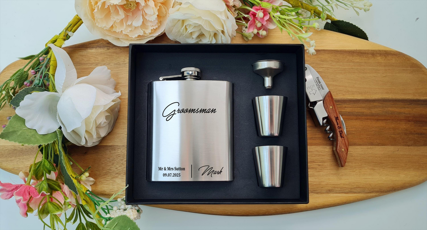 Engraved Hipflask | Personalised 7oz Hip Flask Set | Custom Wedding Gift Idea V6