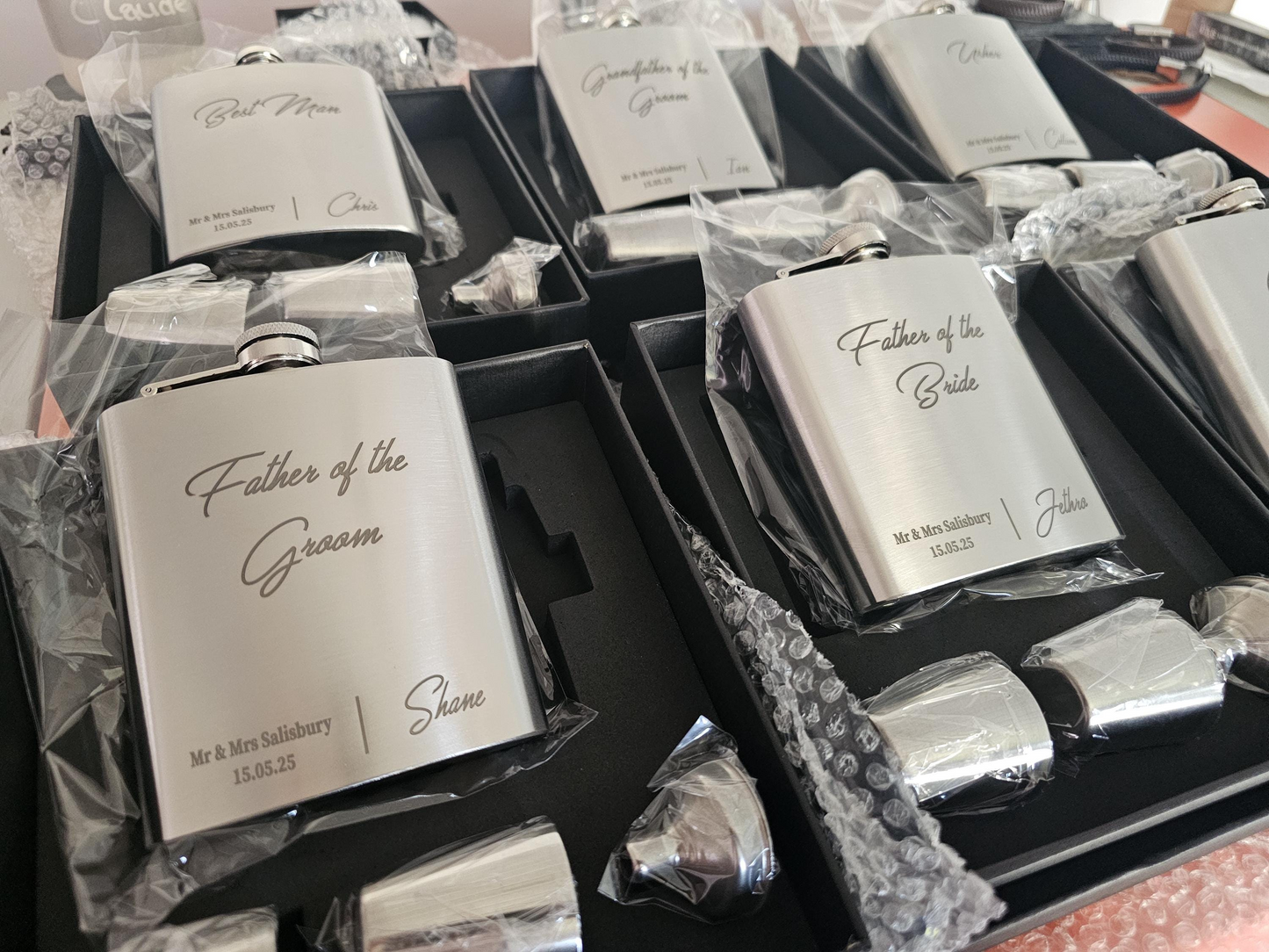 Engraved Hipflask | Personalised 7oz Hip Flask Set | Custom Wedding Gift Idea V6