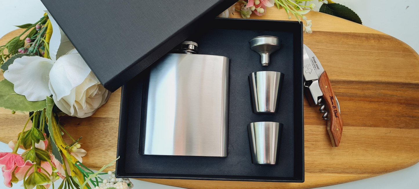 Engraved Hipflask | Personalised 7oz Hip Flask Set | Custom Wedding Gift Idea V6