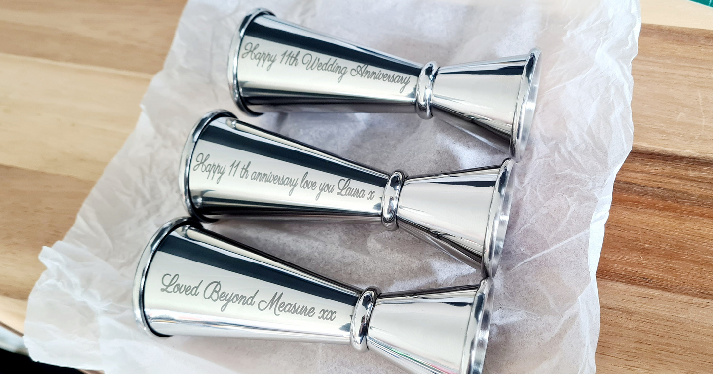 11th Anniversary Gift Steel, 25th, 30th, 40th, 50th etc Stainless Steel Jigger / Spirit Measure - Wedding Anniversary Gift, Valentine's 11th_Anniversary 18th_Birthday_Gift 1st_Anniversary 25th_Anniversary Anniversary_Gift Anniversary_Steel Christmas_Dad_Gift Christmas_gift Gift_for_mum Metal Shot_measure Spirit_Measure Valentine's_Gift Wedding_Anniversary