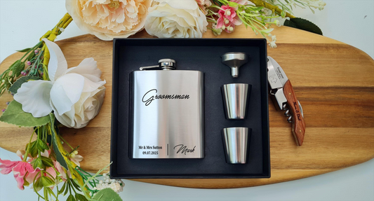 Engraved Hipflask | Personalised 7oz Hip Flask Set | Custom Wedding Gift Idea V6