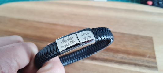 Personalised Mens Bracelet Gift | Steel Braided Mens Engraved Bracelet | Father's Day | Christmas Gift Black or Brown 2 sizes Boyfriend Dad Boyfriend_Gift Garden_Bar Gifts_for_Him Groomsman_gift Groomsmen_gift Personalised_Gift Personalised_Wedding Personalized_Gift Stag_Party Usher_gift Wedding_Party_gift Wedding_table_decor Wooden_Bottle_Opener